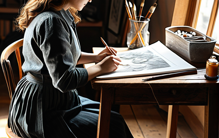 A female artist, fully clothed in modest, professional attire, seated at a rustic wooden desk in a sunlit art studio. She is meticulously hand-drawing a detailed illustration on heavy paper with a charcoal pencil, her well-formed hands showing proper finger count and natural body proportions, holding the tool with natural grace. The desk is adorned with traditional art supplies like watercolors, brushes, and sketchbooks. The scene emphasizes the tactile nature of manual creation, with subtle textures and warm, inviting tones. The atmosphere is calm and focused, highlighting the human touch and the beauty of deliberate, authentic craftsmanship. perfect anatomy, correct proportions, natural pose, safe for work, appropriate content, family-friendly, professional photography, high quality.