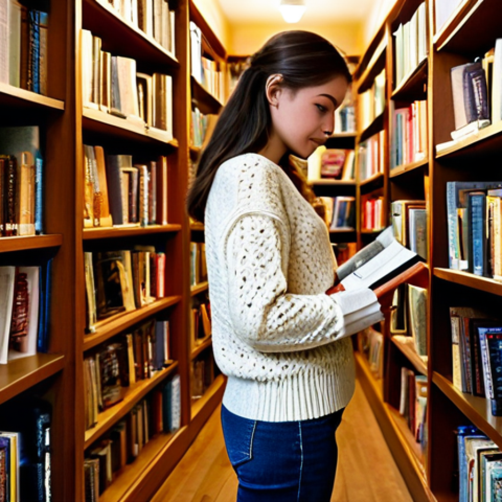 수공예 퍼즐 만들기 - Cozy Bookstore Scene**
A young woman, fully clothed in a modest knitted sweater and jeans, browsing...