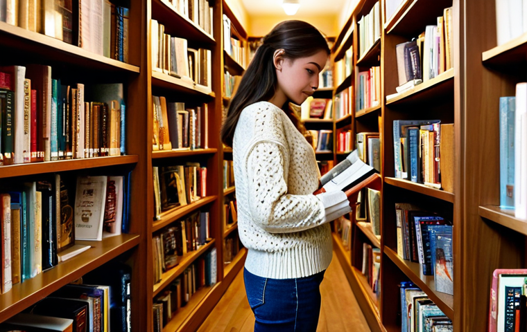 수공예 퍼즐 만들기 - Cozy Bookstore Scene**
A young woman, fully clothed in a modest knitted sweater and jeans, browsing...
