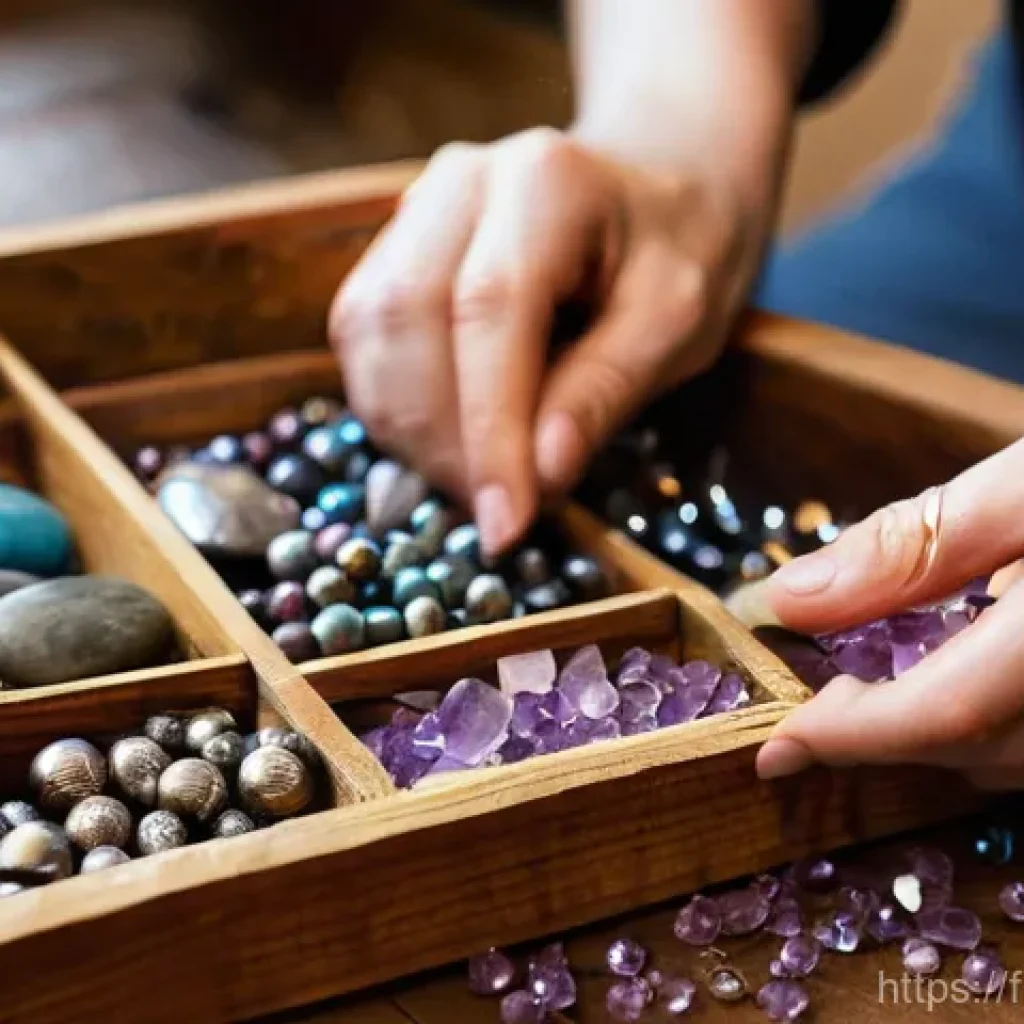 수공예 주얼리 셀프 제작 - **"The Artisan's Treasure Chest"**
A close-up, warm-toned photograph of an artisan's hands, poss...
