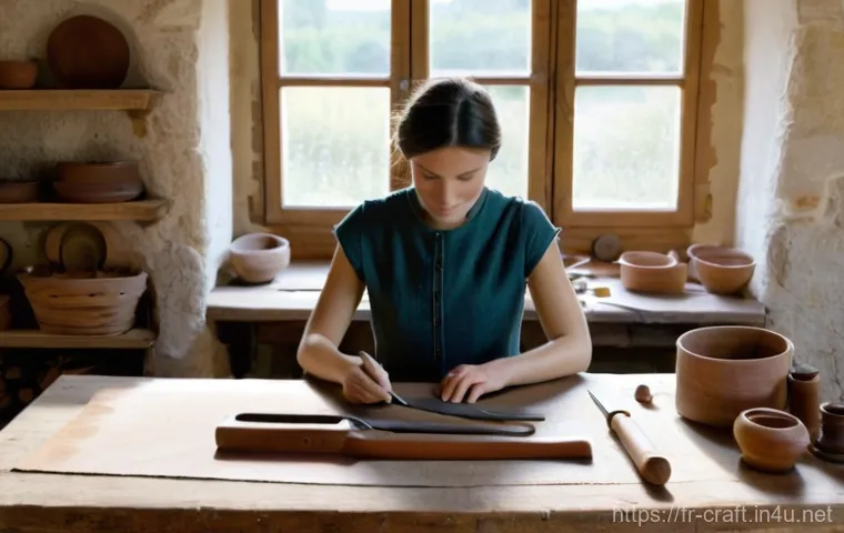 수공예 레더 공예 - Image Prompt 1: The Aspiring Artisan's First Cut in a Provençal Workshop** 수공예 레더 공예 - Image Prompt 1: The Aspiring Artisan's First Cut in a Provençal Workshop**