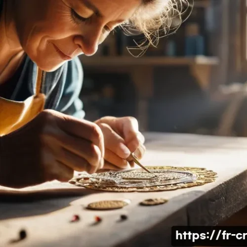 Home 7 수공예 맞춤형 상품 제작 - A close-up shot of a skilled French artisan's hands meticulously working on a delicate piece of jewe...