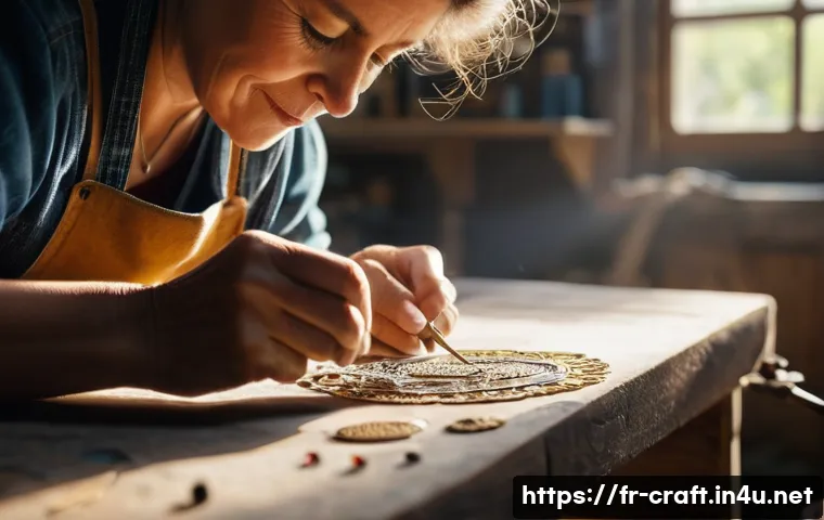 수공예 맞춤형 상품 제작 - A close-up shot of a skilled French artisan's hands meticulously working on a delicate piece of jewe...