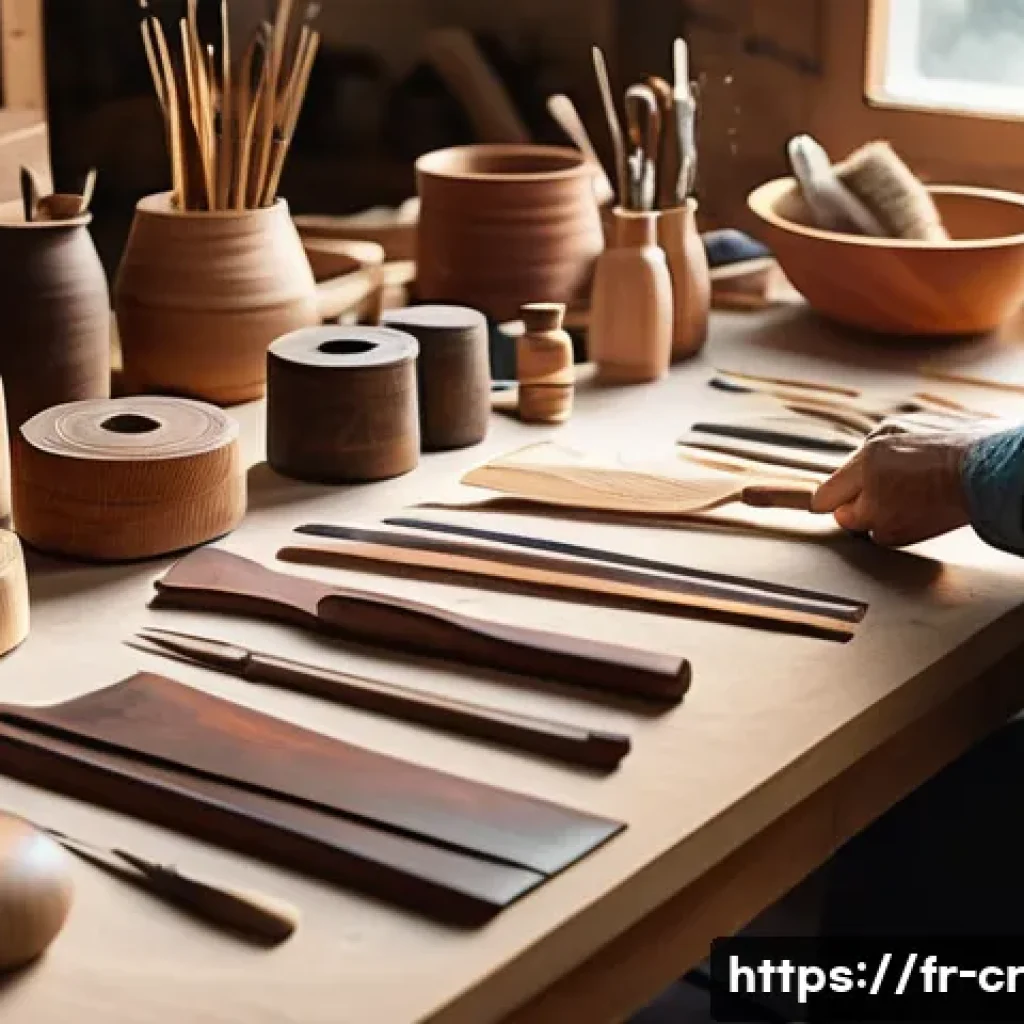 수공예 나만의 디자인 - A beautifully arranged artisan workshop scene bathed in natural light, featuring a craftsman&rsquo;s hands...