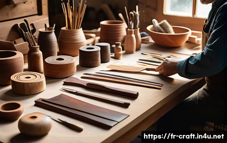 수공예 나만의 디자인 - A beautifully arranged artisan workshop scene bathed in natural light, featuring a craftsman&rsquo;s hands...