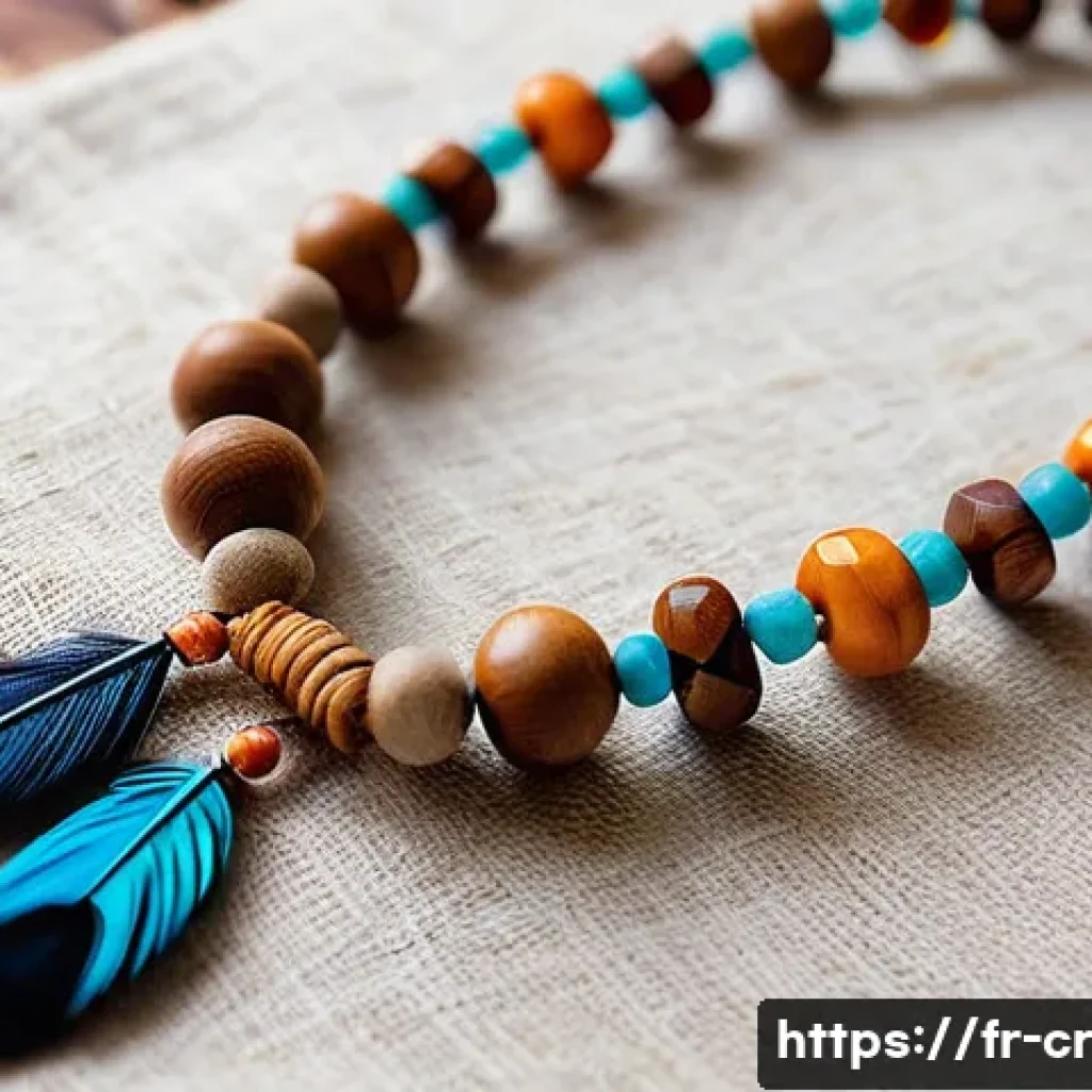수공예 목걸이 디자인 - A handcrafted bohemian-style necklace featuring polished natural wood beads, colorful glass beads, a...