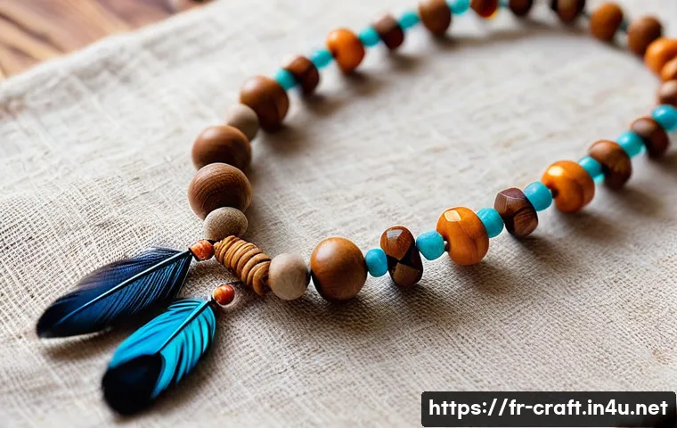수공예 목걸이 디자인 - A handcrafted bohemian-style necklace featuring polished natural wood beads, colorful glass beads, a...