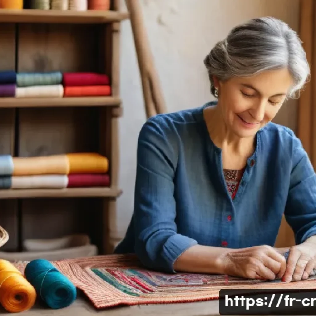 수공예 블로그 운영 - A cozy artisan workshop scene focused on traditional embroidery: a middle-aged French woman wearing ...