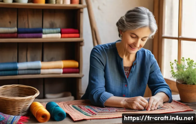 수공예 블로그 운영 - A cozy artisan workshop scene focused on traditional embroidery: a middle-aged French woman wearing ...
