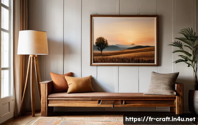 수공예 실내 장식품 - A cozy artisan interior scene showcasing handcrafted wooden furniture with visible natural grain and...