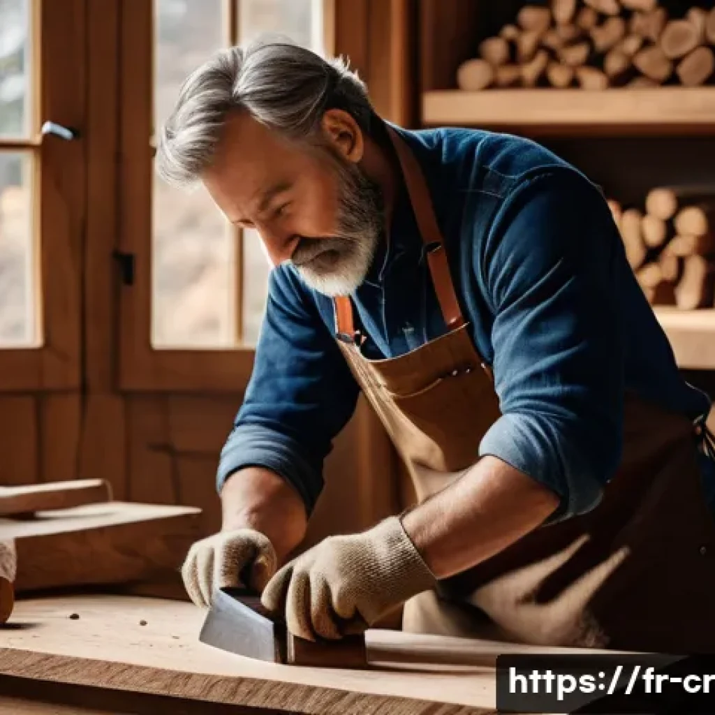 수공예 생활용품 제작 - A cozy artisan workshop scene featuring a skilled craftsman shaping a wooden shelf by hand using tra...
