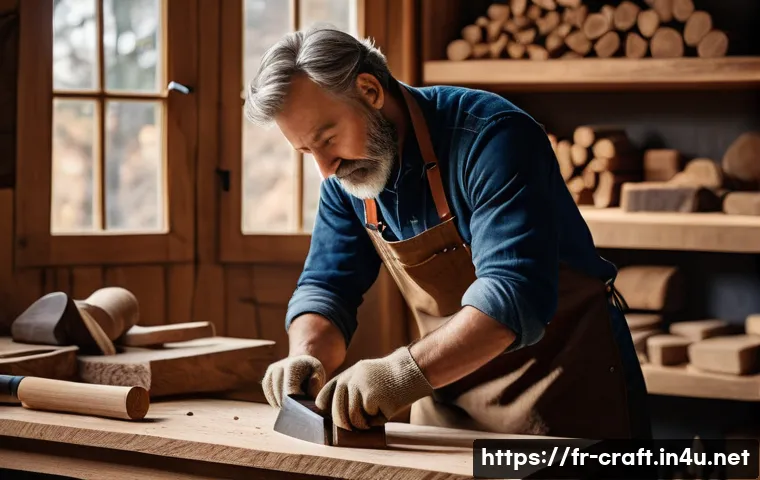 수공예 생활용품 제작 - A cozy artisan workshop scene featuring a skilled craftsman shaping a wooden shelf by hand using tra...