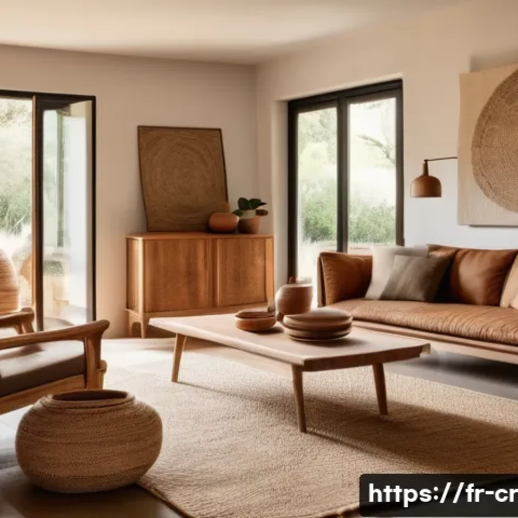 수공예 인테리어 소품 - A cozy, warmly lit living room corner featuring handcrafted wooden furniture with visible natural gr...