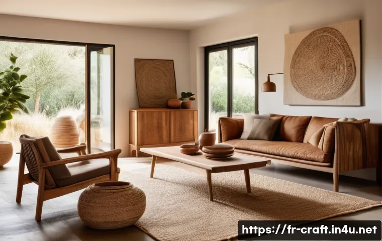 수공예 인테리어 소품 - A cozy, warmly lit living room corner featuring handcrafted wooden furniture with visible natural gr...