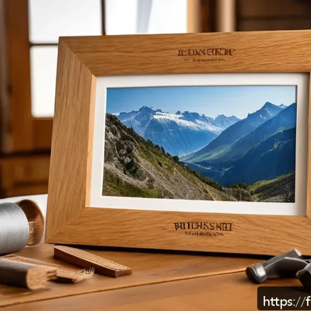 수공예 액자 제작 - A cozy, handcrafted wooden photo frame made from light oak with visible natural grain and warm tones...
