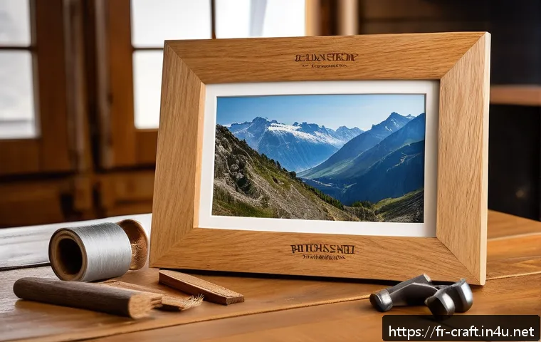 수공예 액자 제작 - A cozy, handcrafted wooden photo frame made from light oak with visible natural grain and warm tones...