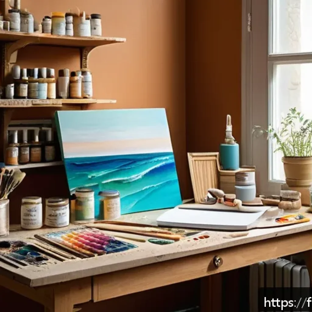 수공예 페인팅 - A cozy artist&rsquo;s studio corner bathed in natural daylight from a large window, featuring a neatly org...