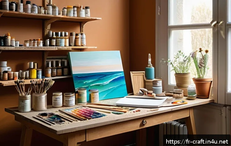 수공예 페인팅 - A cozy artist’s studio corner bathed in natural daylight from a large window, featuring a neatly org...