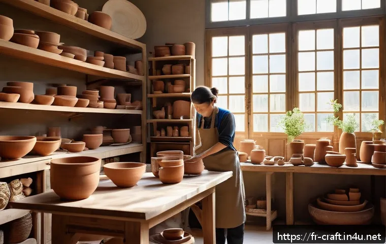 수공예 스튜디오 창업 - A cozy French artisan workshop bathed in natural light, featuring distinct zones for crafting, stora...