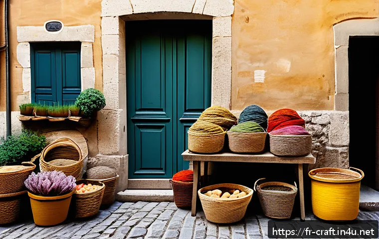 수공예 재료 구매처 - A vibrant French artisan market scene in a small Proven&ccedil;al village, featuring colorful stalls with n...
