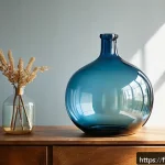 Home 19 수공예 유리병 공예 - A handcrafted classic blown glass bottle with rounded shapes and visible air bubbles, featuring soft...