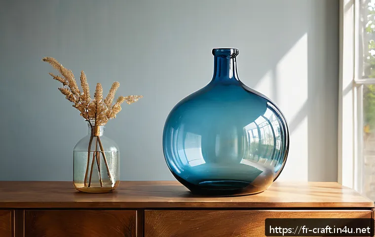 수공예 유리병 공예 - A handcrafted classic blown glass bottle with rounded shapes and visible air bubbles, featuring soft...