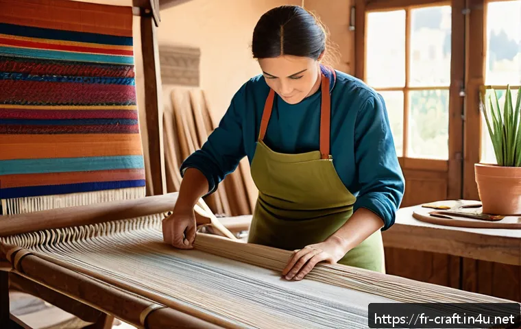 수공예 작품 전시 - A skilled artisan weaving traditional French tapestry on a large wooden loom in a bright, rustic wor...