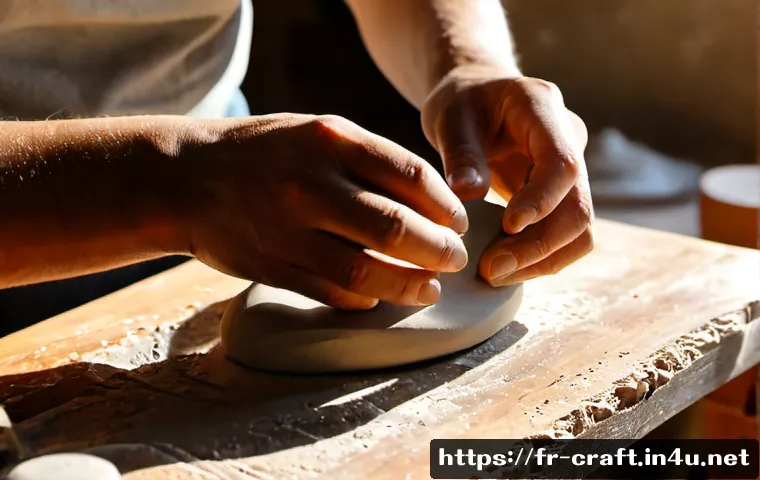 수공예 미술작품 - Photorealistic artisan workspace in a sunlit French countryside studio, close-up of skilled hands sh...