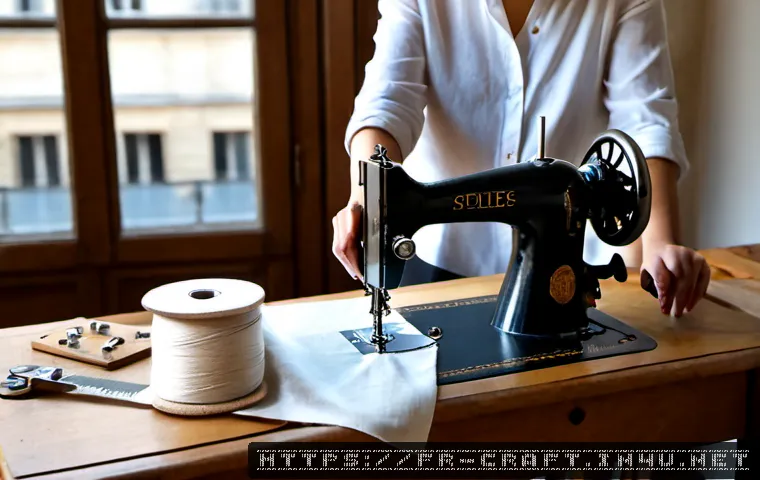 수공예 옷 만들기 - Photorealistic French home sewing studio, skilled artisan tailoring a linen blouse on a wooden workt...