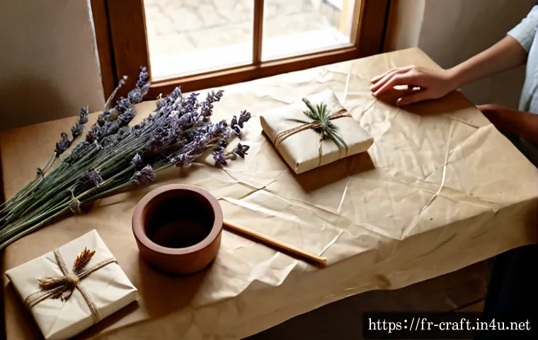 수공예 포장지 만들기 - Photorealistic overhead view of a French home craft table creating handmade wrapping paper, adult ha...