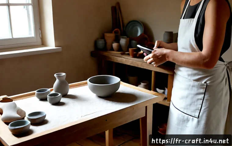 Home 17 수공예 유튜브 채널 운영 - Photorealistic French artisan filming a handmade pottery tutorial in a bright Parisian-style home st...